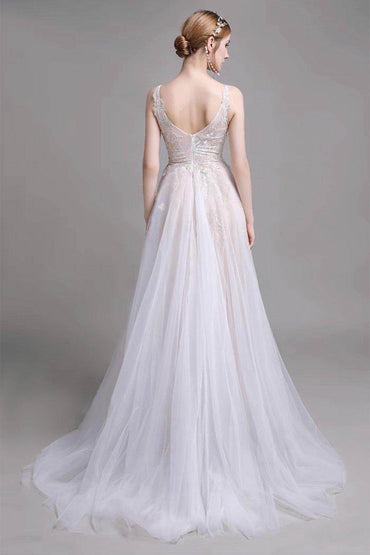 A-Line Sweep-Brush Train Lace Wedding Dress CW2957 - COCOMELODY