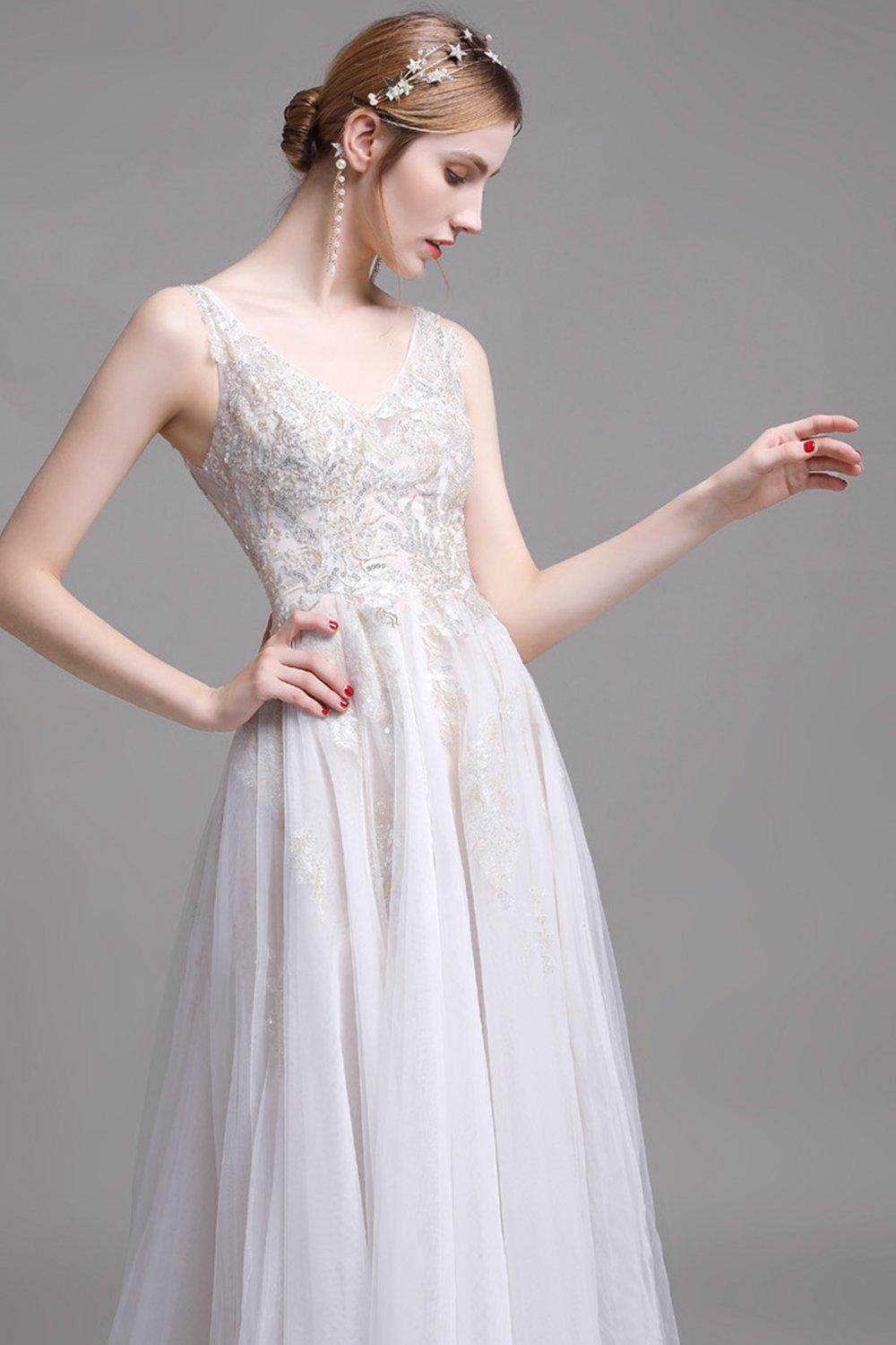 A-Line Sweep-Brush Train Lace Wedding Dress CW2957 - COCOMELODY