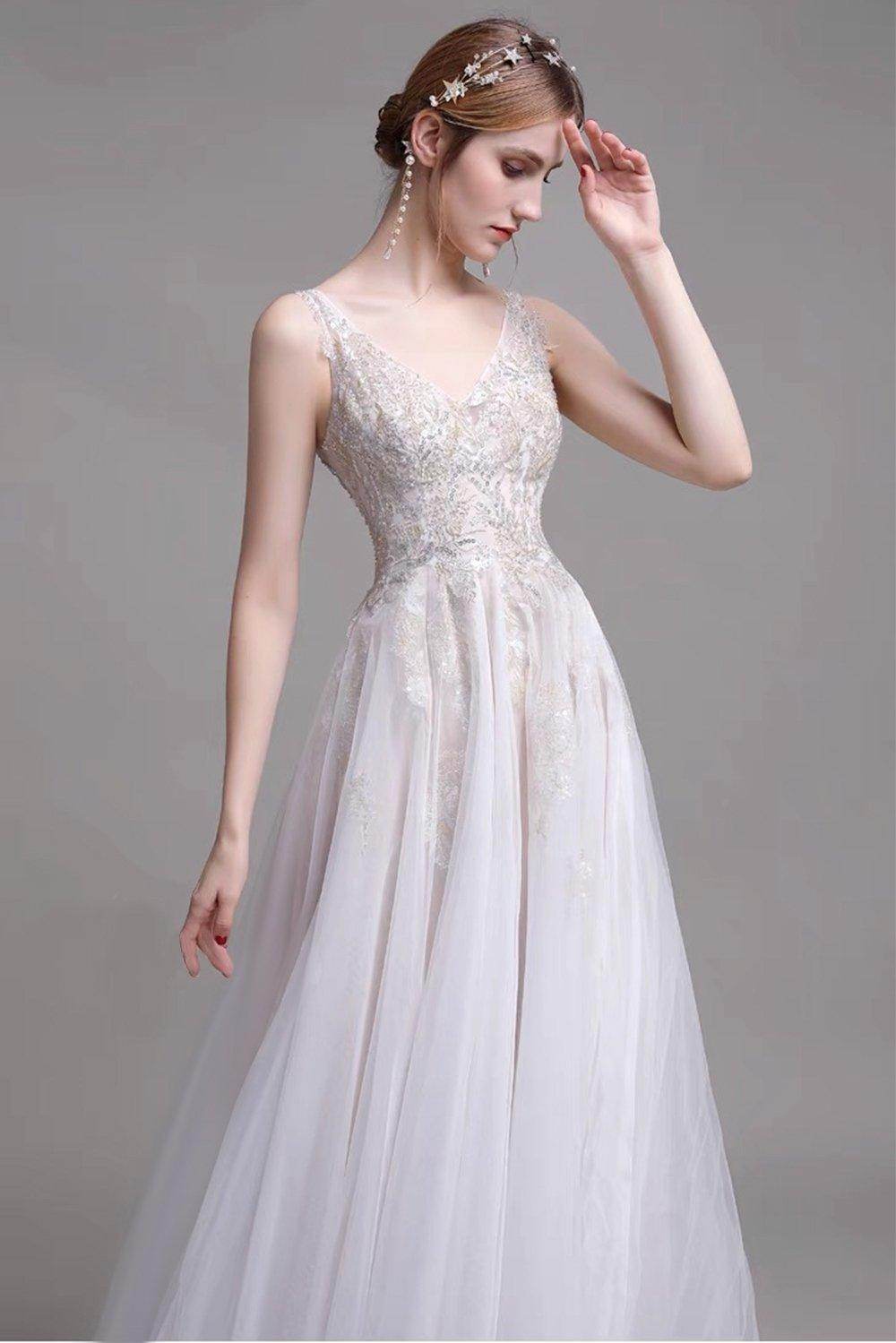 A-Line Sweep-Brush Train Lace Wedding Dress CW2957 - COCOMELODY