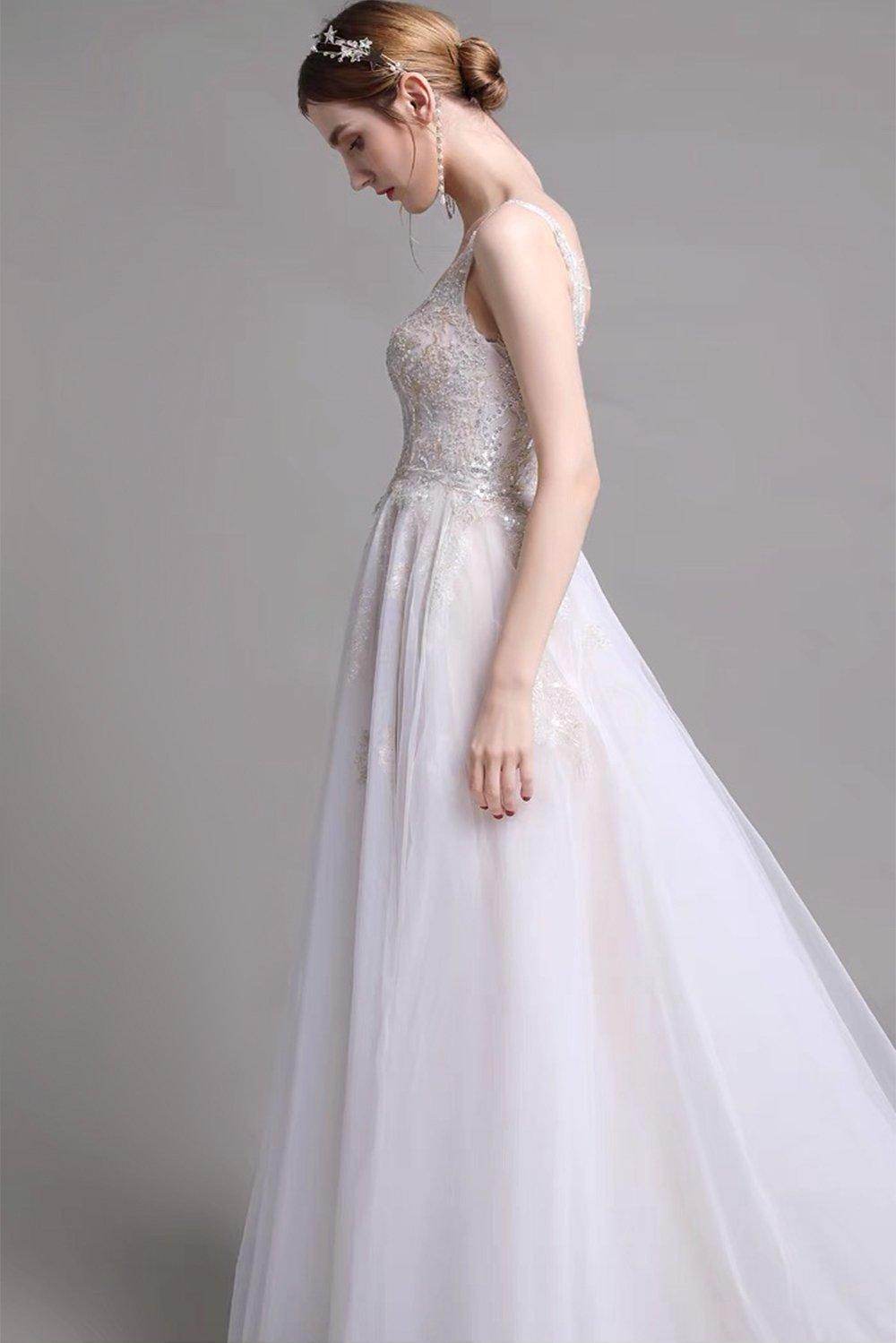 A-Line Sweep-Brush Train Lace Wedding Dress CW2957 - COCOMELODY