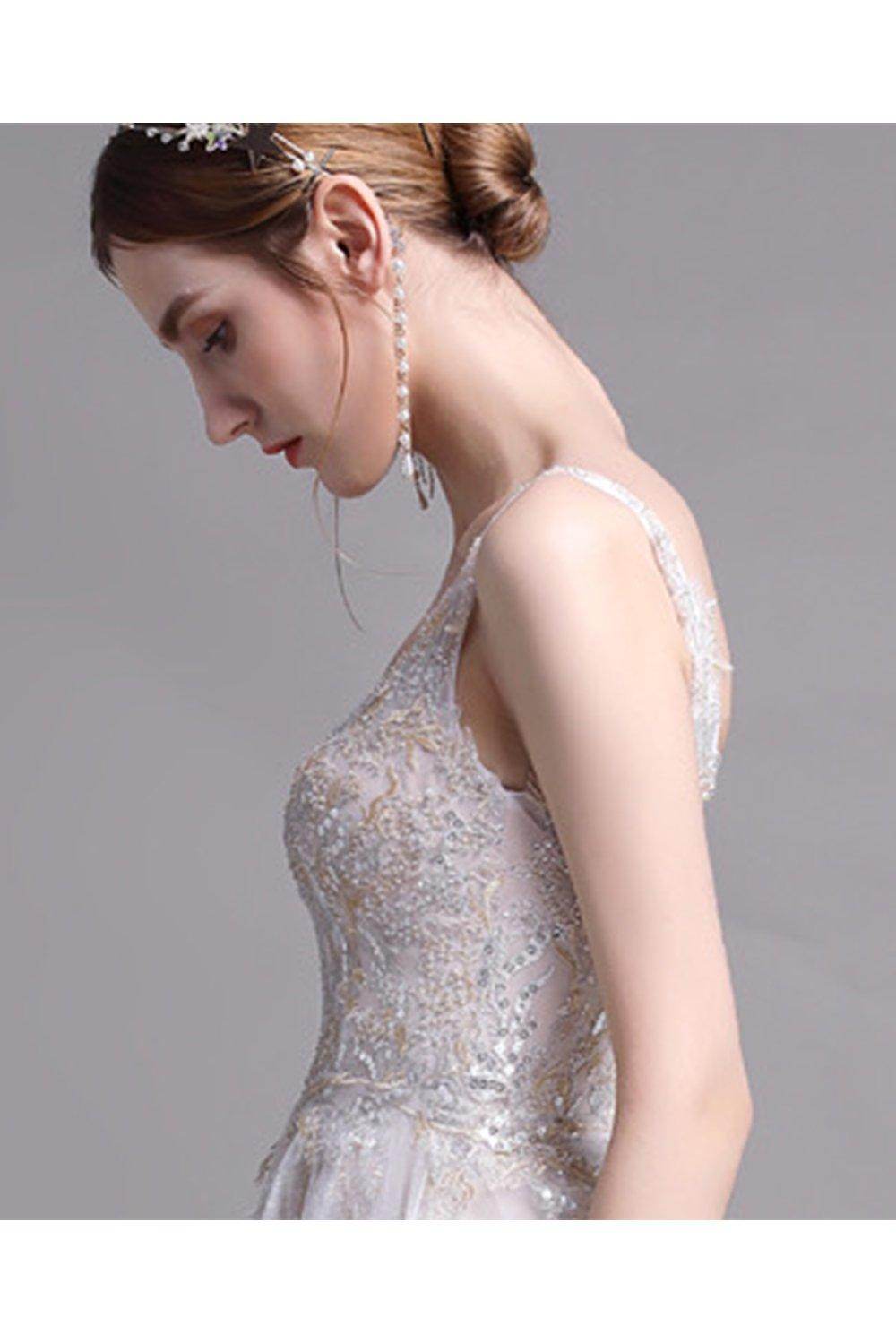 A-Line Sweep-Brush Train Lace Wedding Dress CW2957 - COCOMELODY