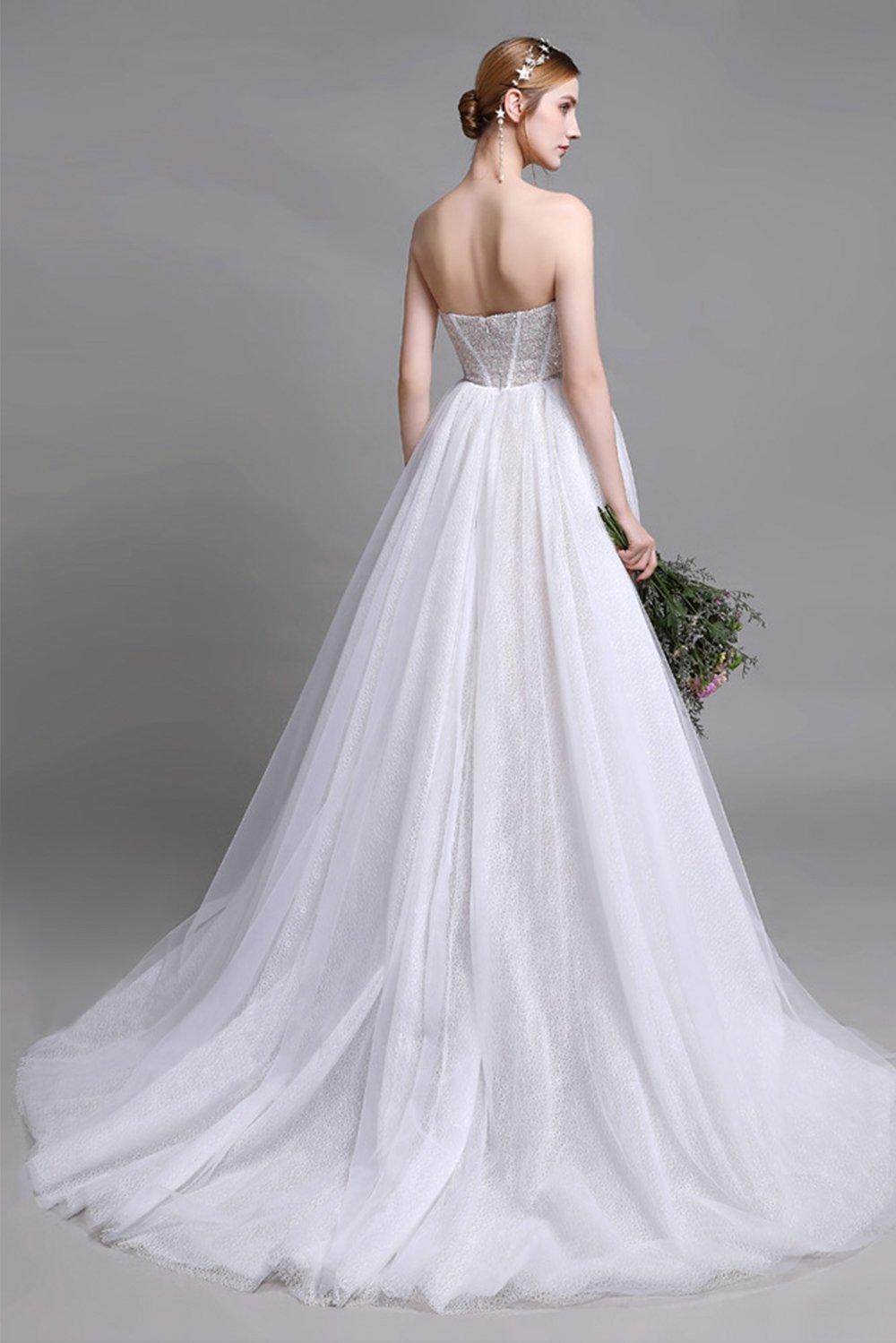 A-Line Sweep-Brush Train Lace Wedding Dress CW2958 - COCOMELODY