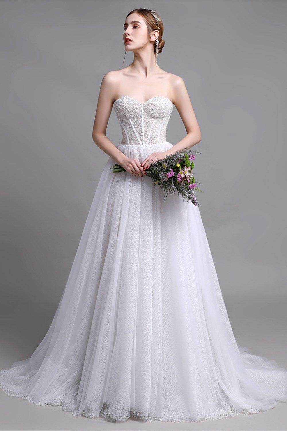 A-Line Sweep-Brush Train Lace Wedding Dress CW2958 - COCOMELODY