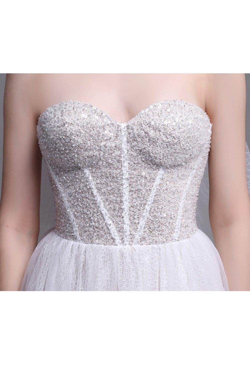 A-Line Sweep-Brush Train Lace Wedding Dress CW2958 - COCOMELODY