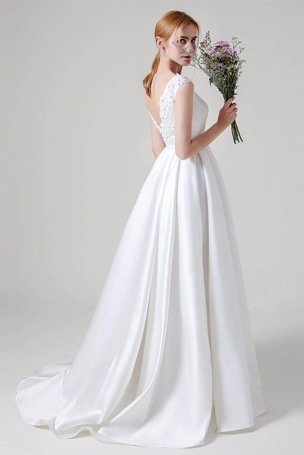 A-Line Sweep-Brush Train Satin Wedding Dress CW2959CR - COCOMELODY