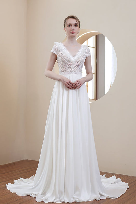 A-Line Sweep-Brush Train Lace Chiffon Wedding Dress CW2969