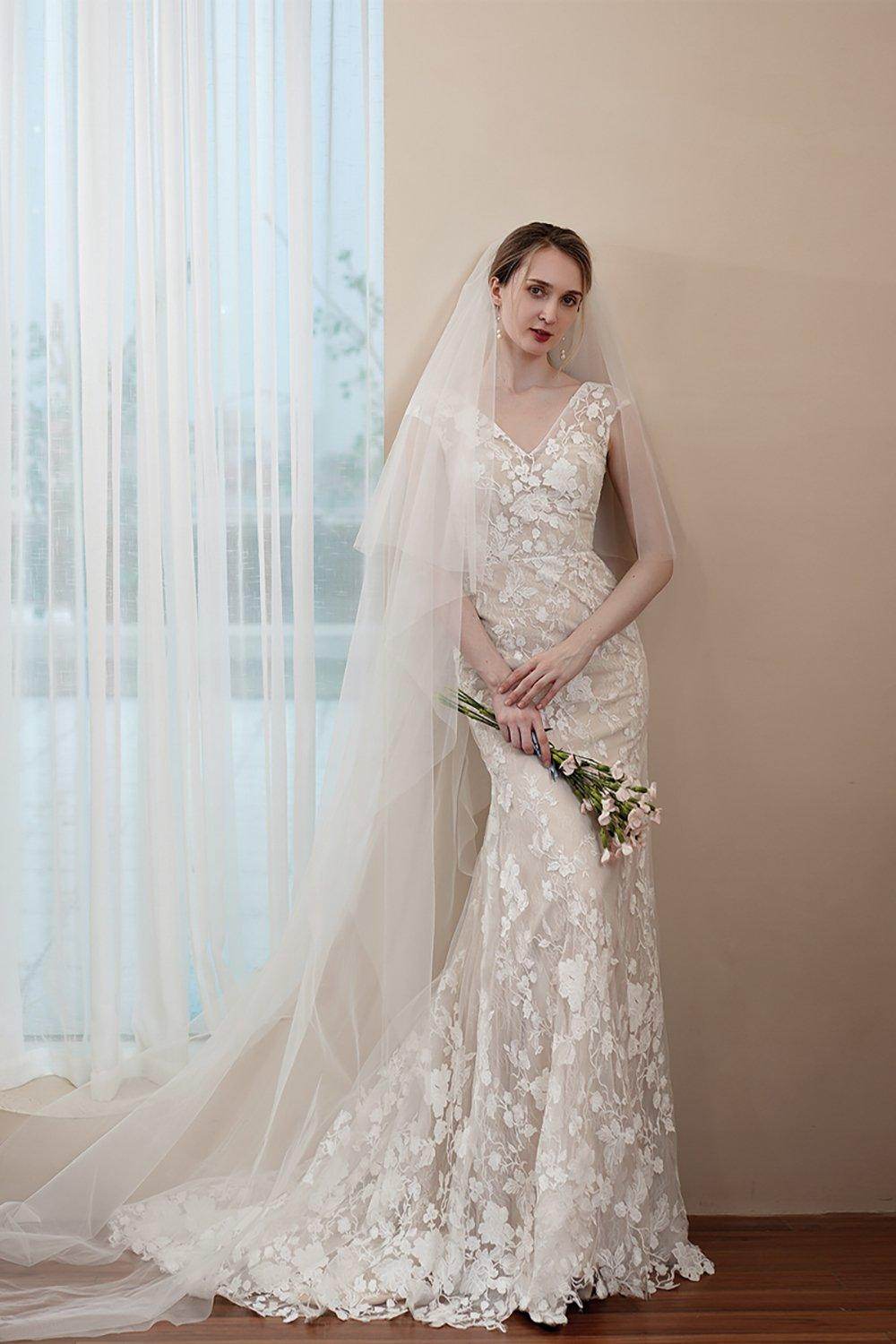 Trumpet-Mermaid Sweep-Brush Train Lace Wedding Dress CW2971 - COCOMELODY