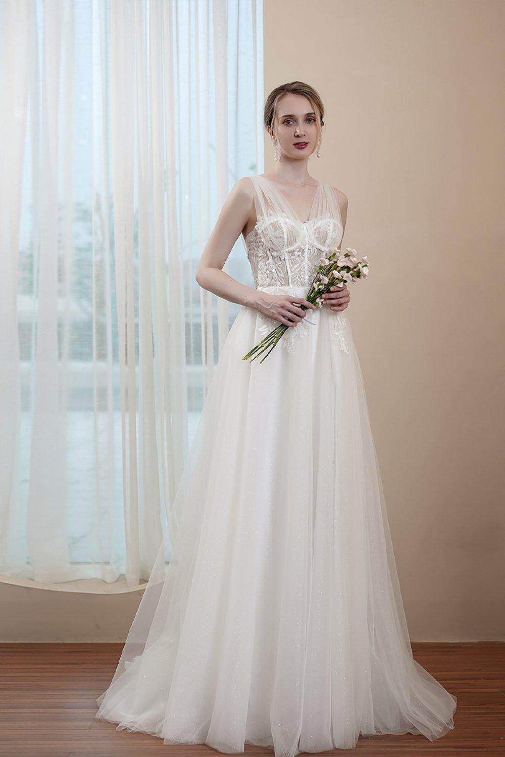 A-Line Sweep-Brush Train Lace Tulle Wedding Dress CW2973 - COCOMELODY