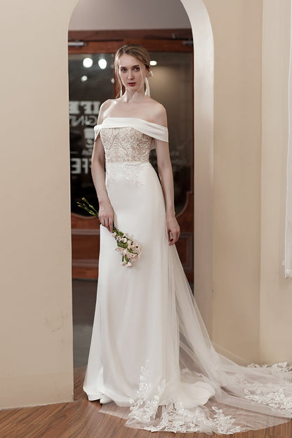 Sheath-Column Sweep-Brush Train Lace Wedding Dress CW2979