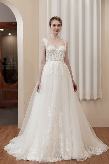 A-Line Sweep-Brush Train Lace Tulle Wedding Dress CW2980