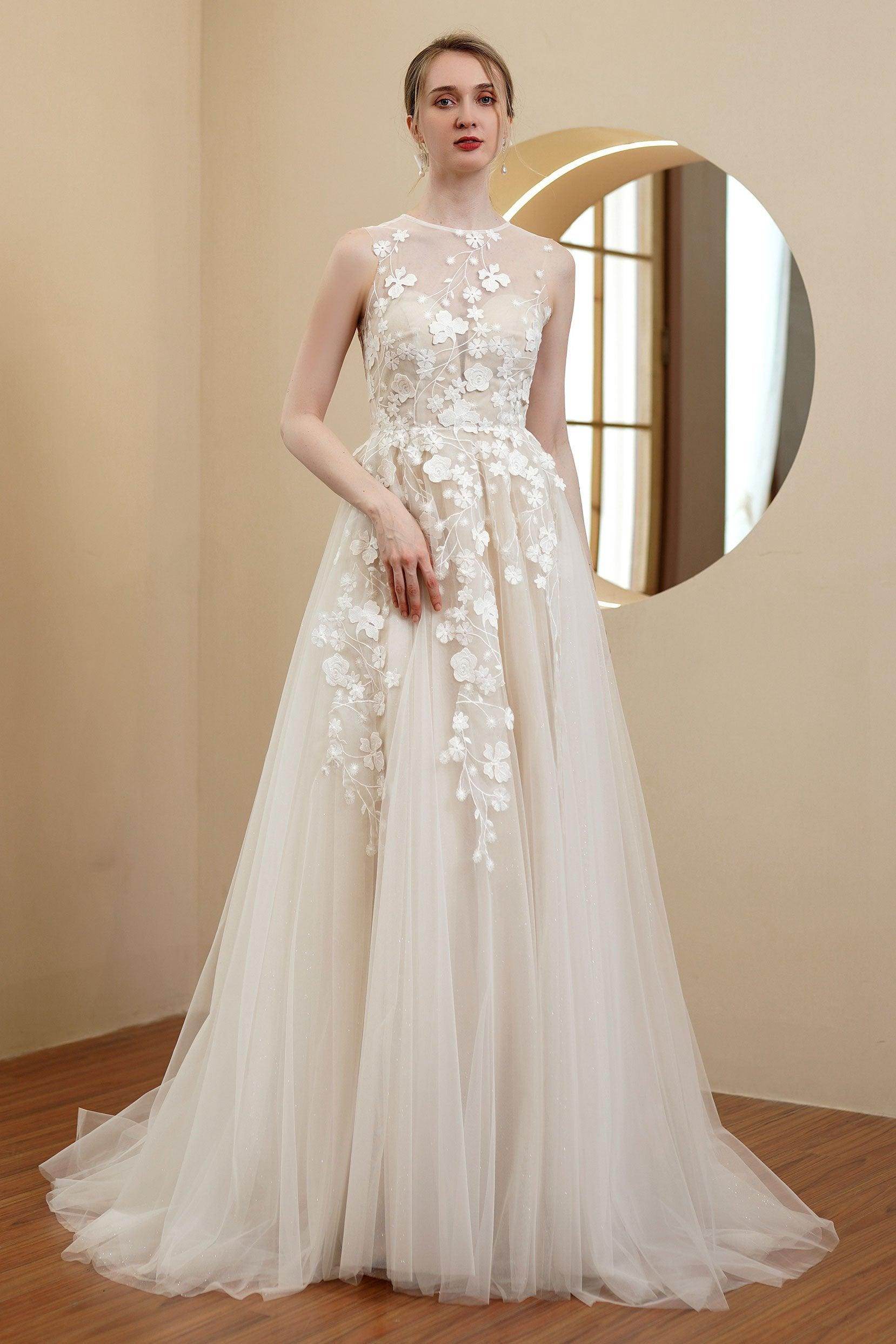 A-Line Scoop Sweep-Brush Train Chiffon Wedding Dress COCOMELODY CW2982, 25 Days / As Picture:Ivory/Champagne / US6-UK8-EUR36
