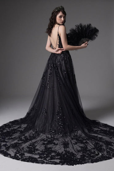 A-Line Cathedral Train Lace Tulle Wedding Dress CW3006 - 45 Days / As Picture:Black/Medium Nude / US0-UK2-EUR30 - COCOMELODY