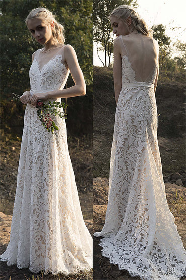 Sheath-Column Sweep-Brush Train Lace Wedding Dress CW3012
