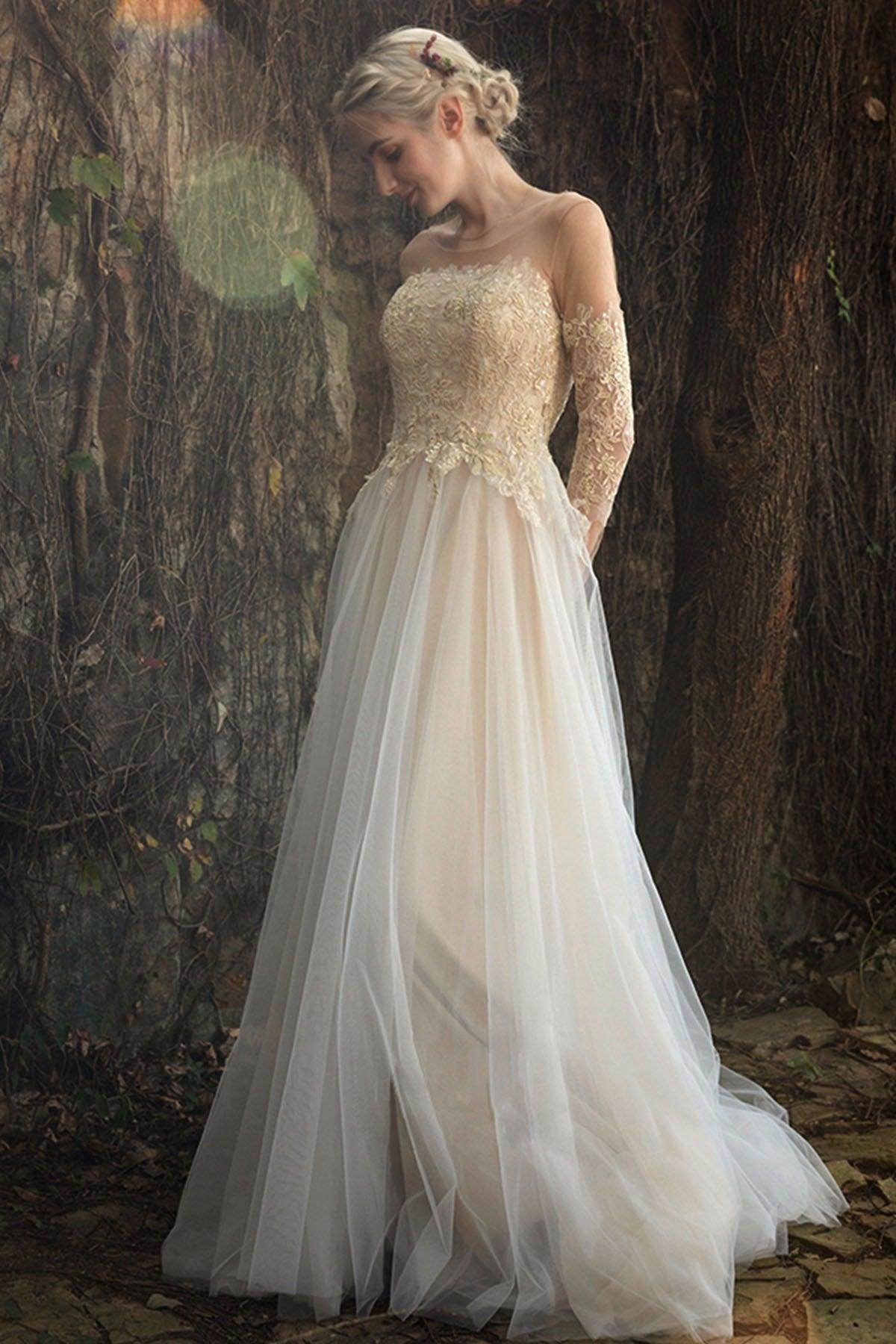 A-Line Illusion Sweep-Brush Train Lace Tulle Wedding Dress