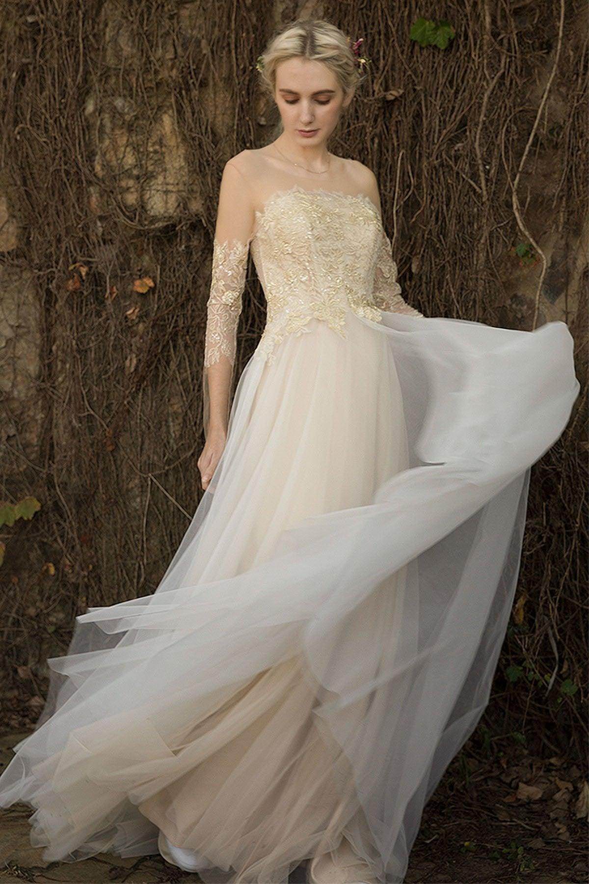 A-Line Sweep-Brush Train Lace Tulle Wedding Dress CW3014 - COCOMELODY
