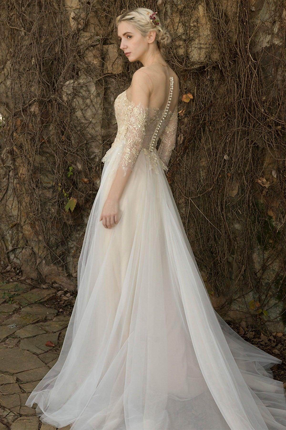 A-Line Sweep-Brush Train Lace Tulle Wedding Dress CW3014 - COCOMELODY