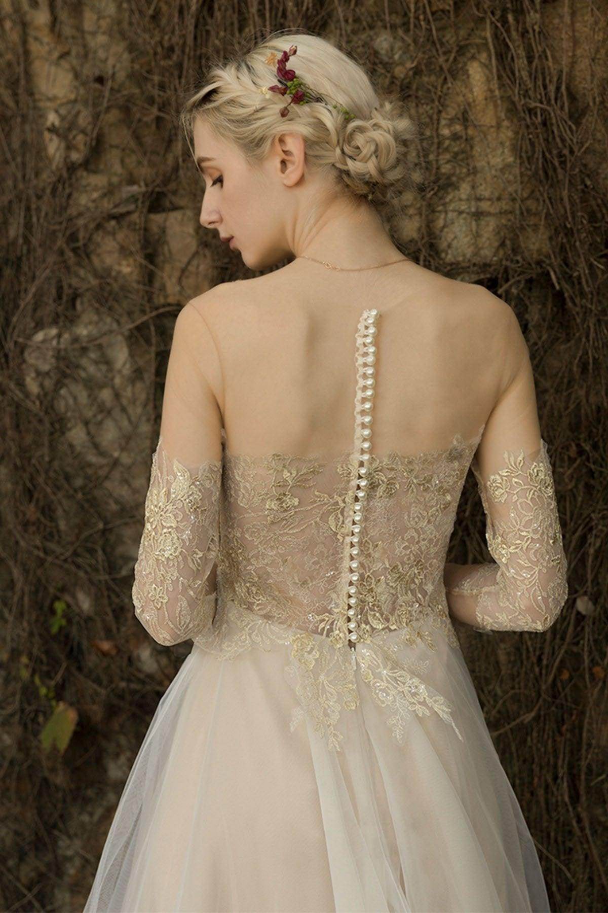 A-Line Sweep-Brush Train Lace Tulle Wedding Dress CW3014 - COCOMELODY