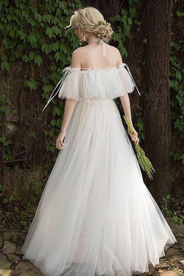 A-Line Sweep-Brush Train Tulle Wedding Dress CW3015 - COCOMELODY