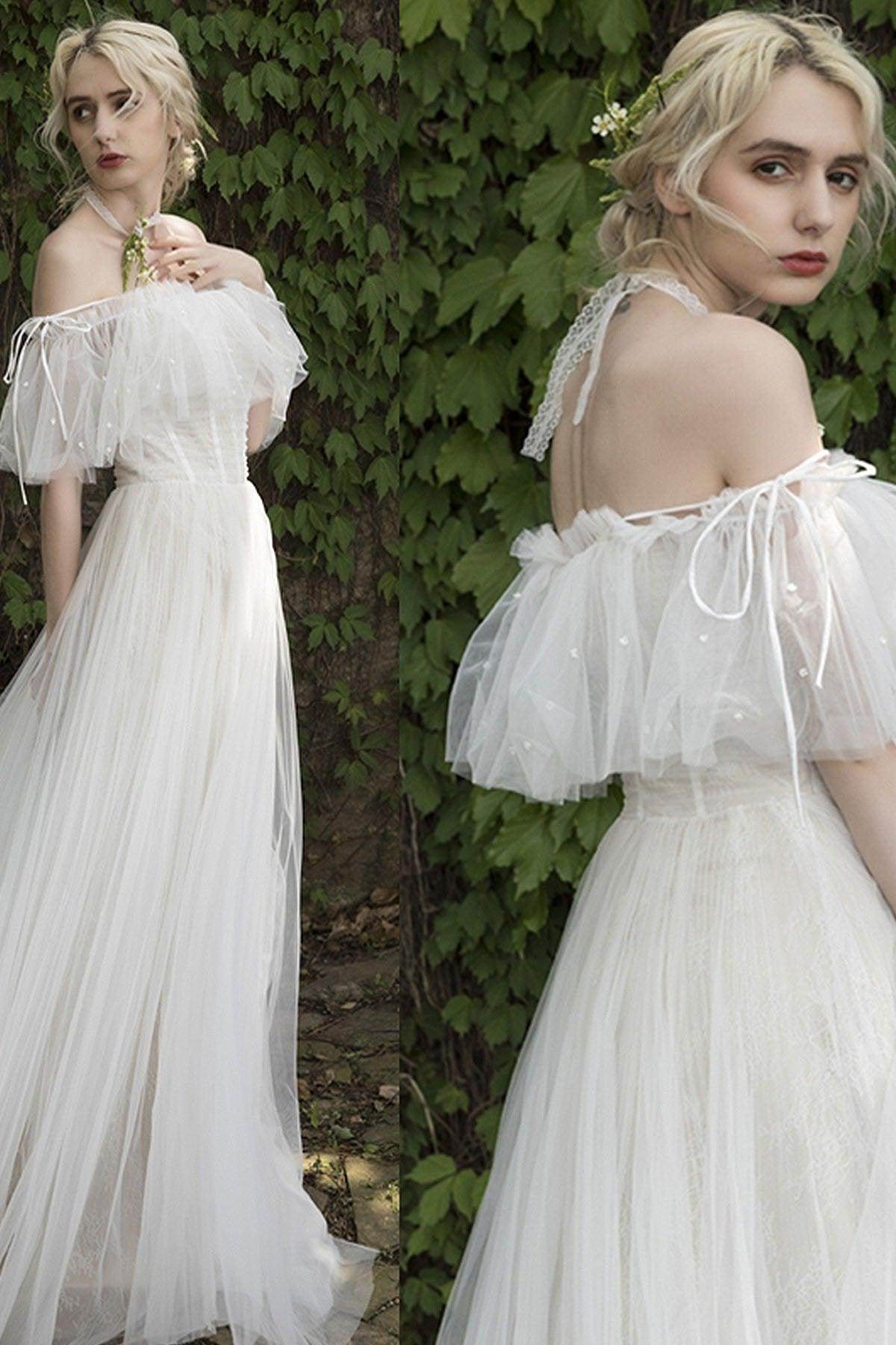 A-Line Sweep-Brush Train Tulle Wedding Dress CW3015 - COCOMELODY