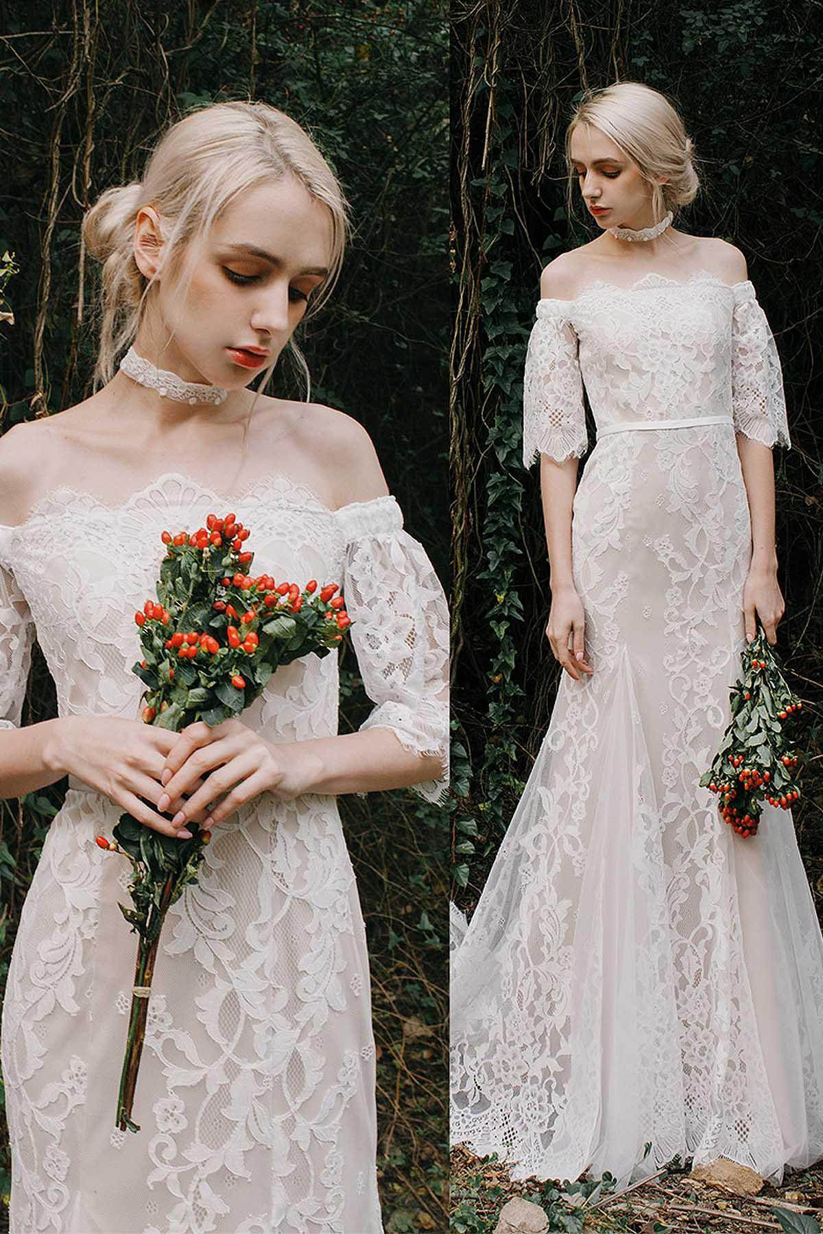 Trumpet-Mermaid Sweep-Brush Train Lace Tulle Wedding Dress CW3016 - COCOMELODY
