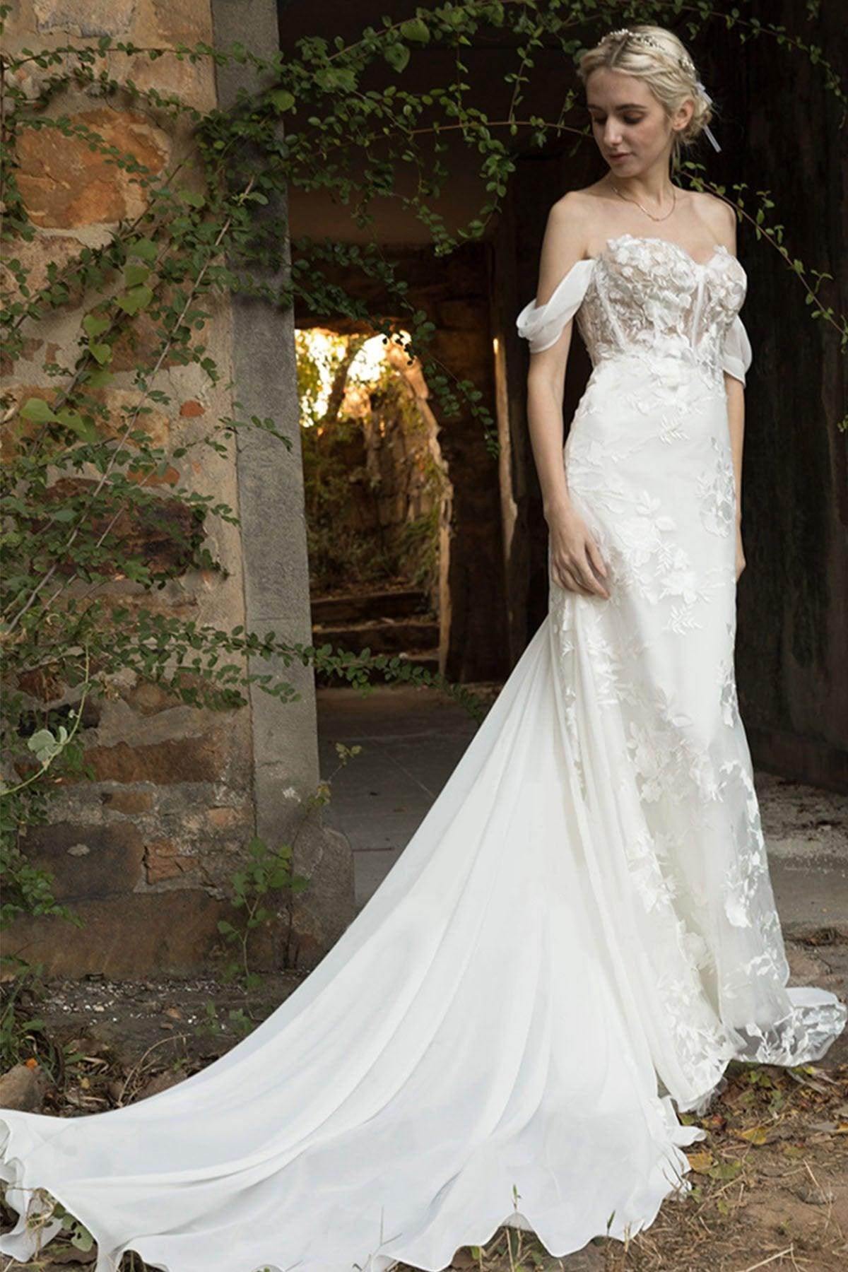 chiffon trumpet wedding dress Trumpet Mermaid Off-the-Shoulder Sweep Train Satin Wedding Dress, Diamond White / 12