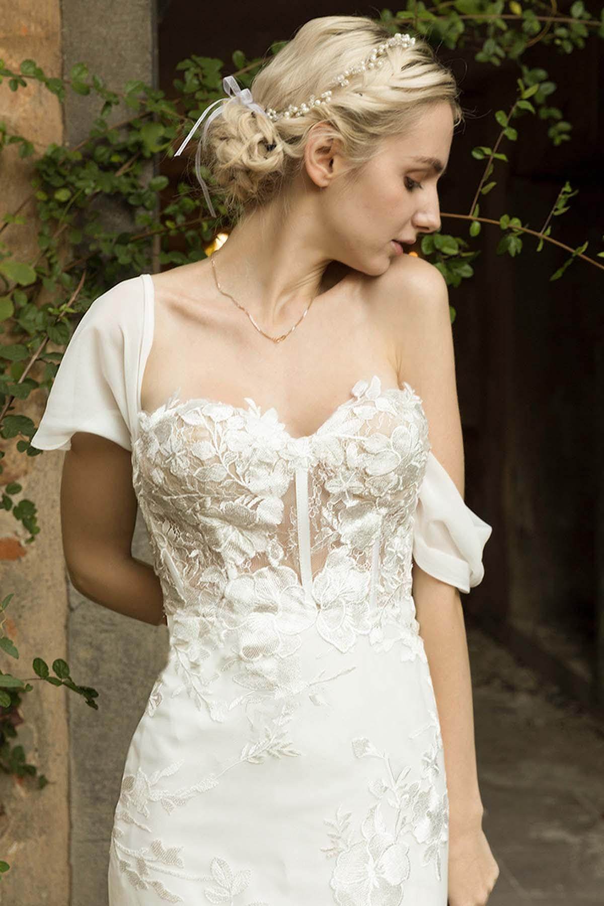 Trumpet Court Train Lace Chiffon Wedding Dress CW3018 - COCOMELODY