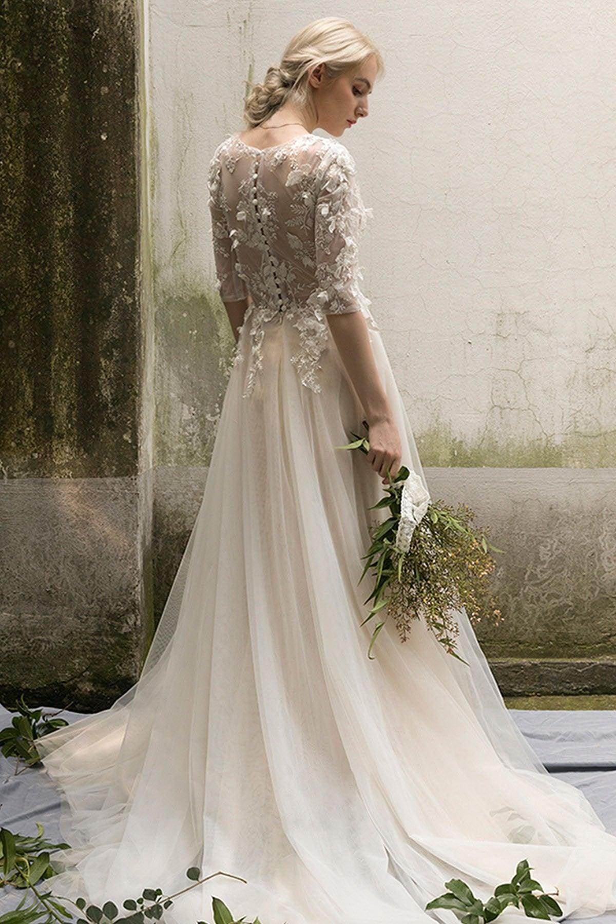 A-Line Sweep-Brush Train Tulle Wedding Dress CW3019 - COCOMELODY