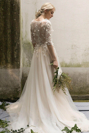 A-Line Sweep-Brush Train Tulle Wedding Dress CW3019 - COCOMELODY