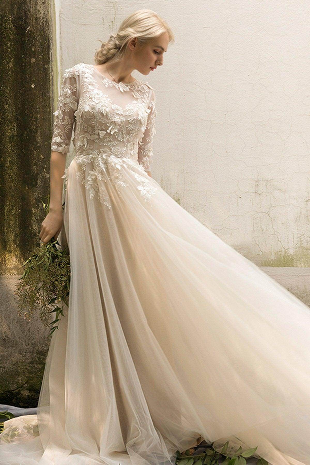 A-Line Sweep-Brush Train Tulle Wedding Dress CW3019 - COCOMELODY