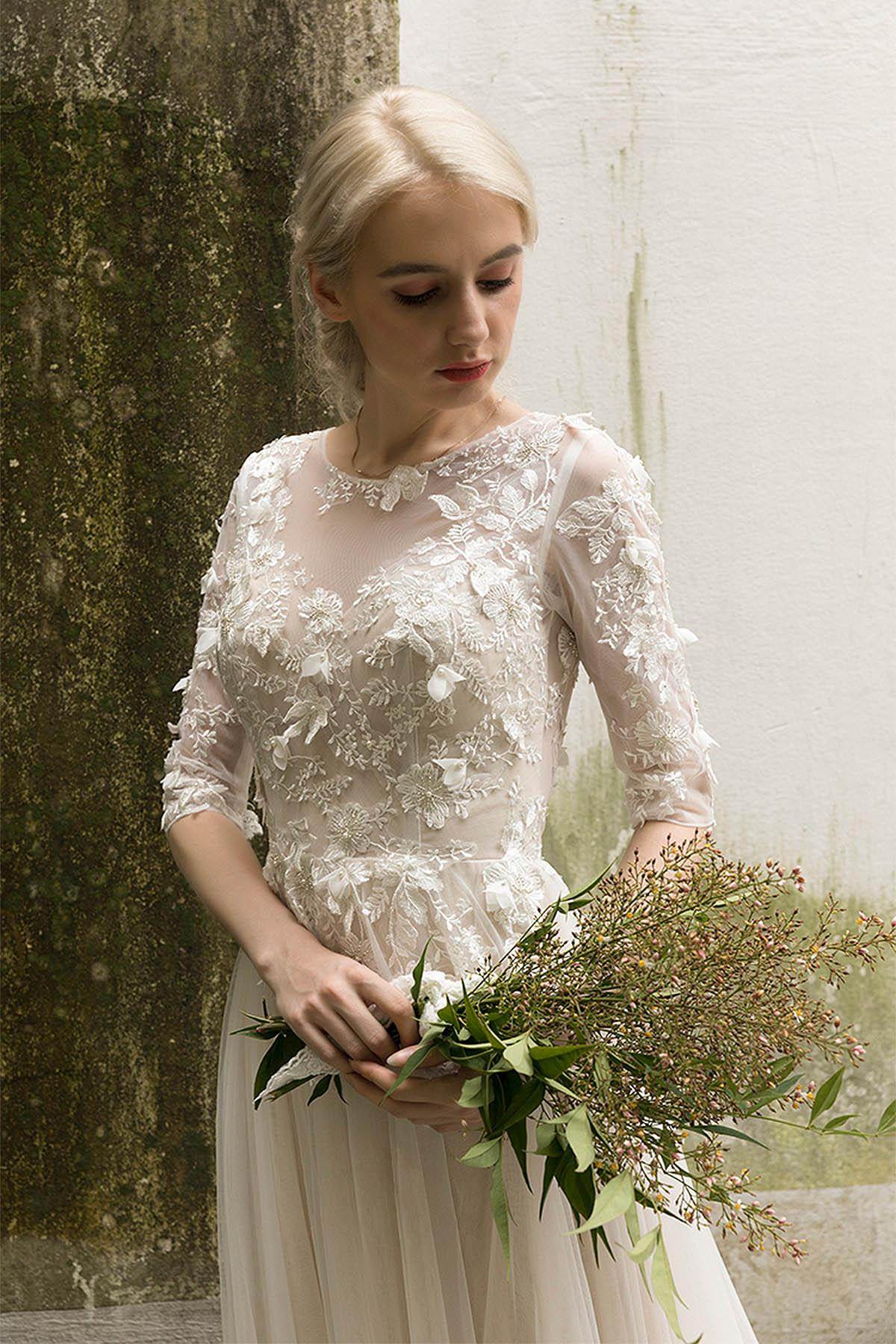 A-Line Sweep-Brush Train Tulle Wedding Dress CW3019 - COCOMELODY