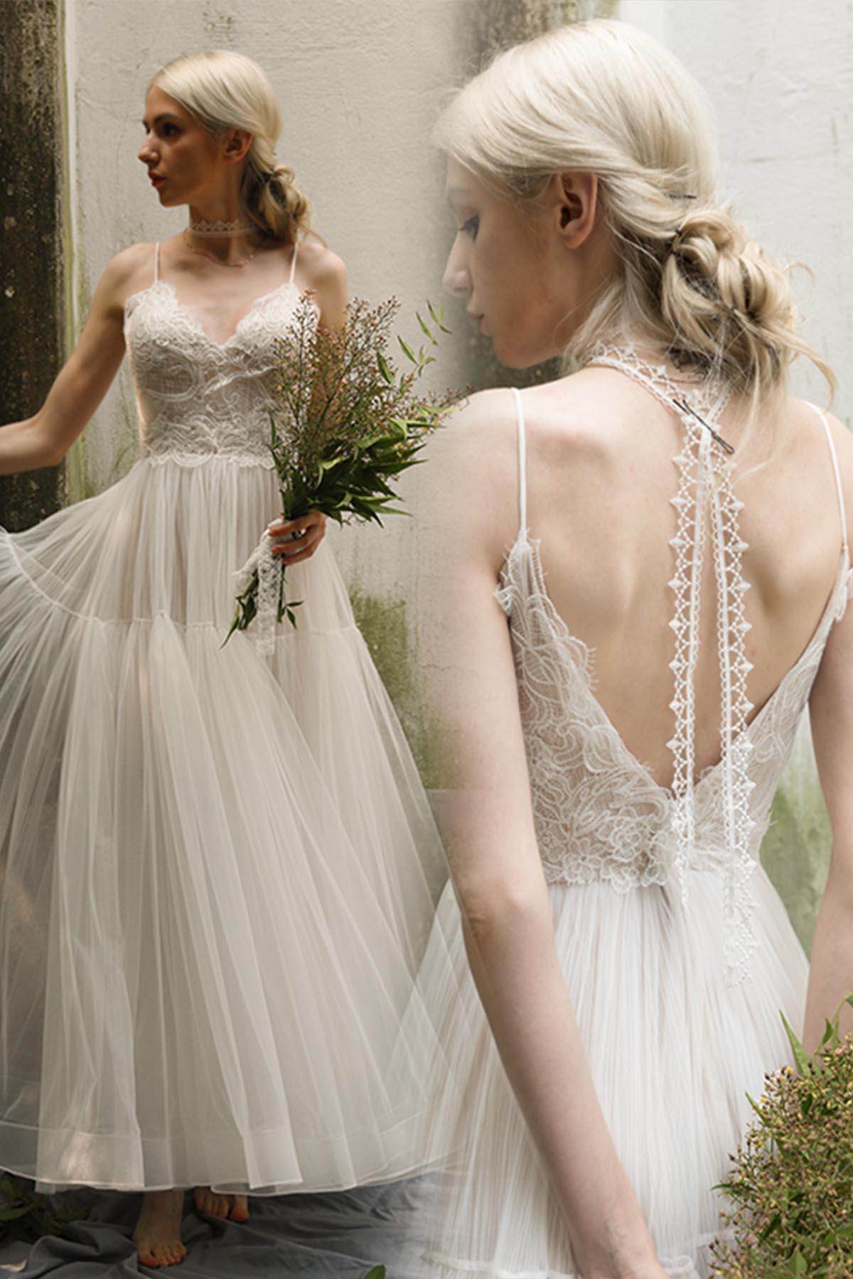 A-Line Ankle Length Lace Tulle Wedding Dress CW3020 - COCOMELODY