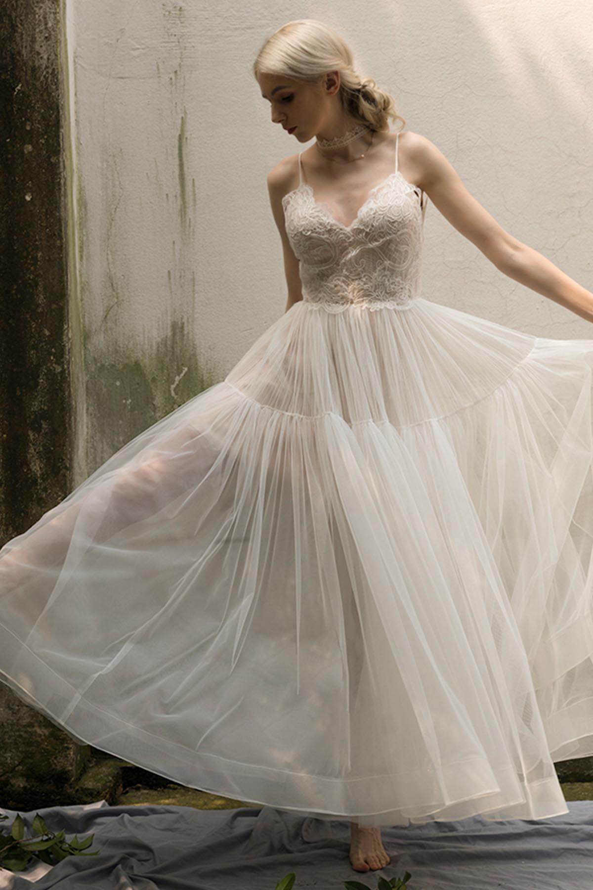 A-Line Ankle Length Lace Tulle Wedding Dress CW3020 - COCOMELODY