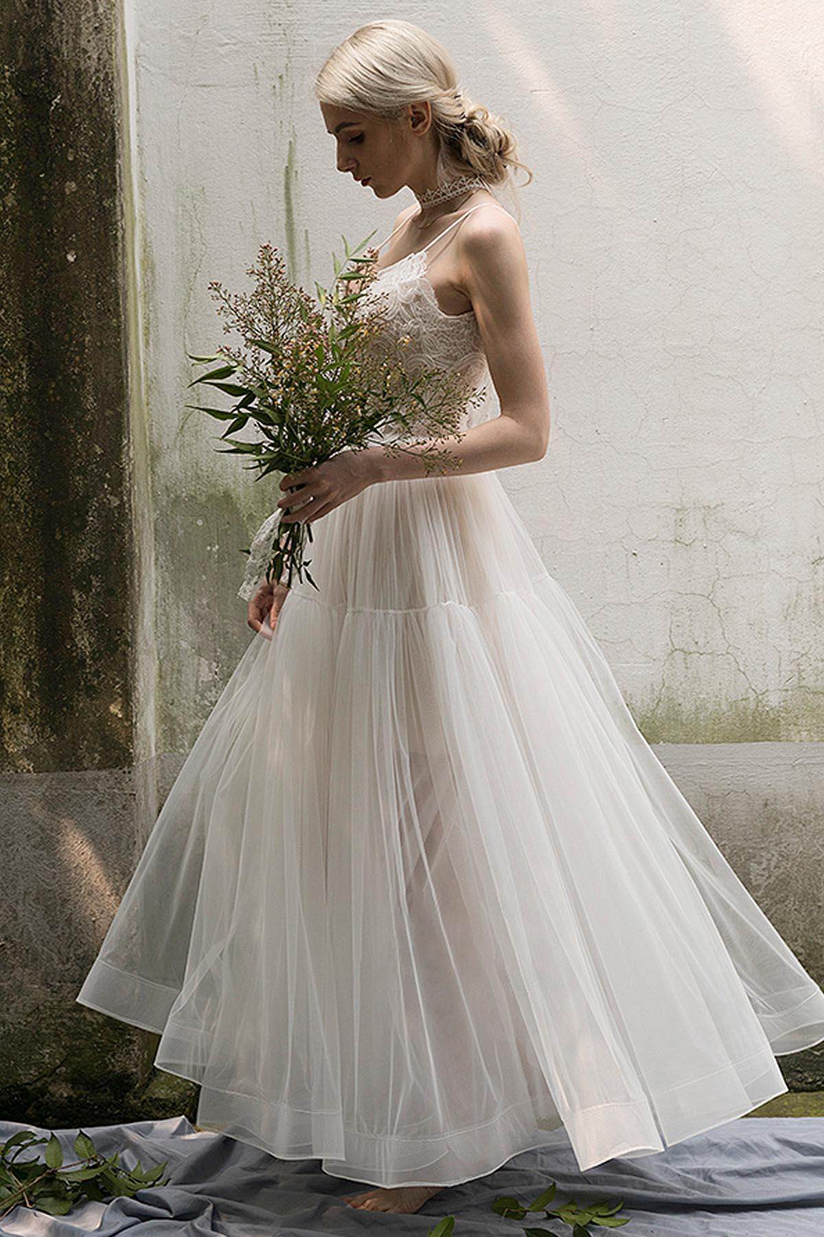 A-Line Ankle Length Lace Tulle Wedding Dress CW3020 - COCOMELODY