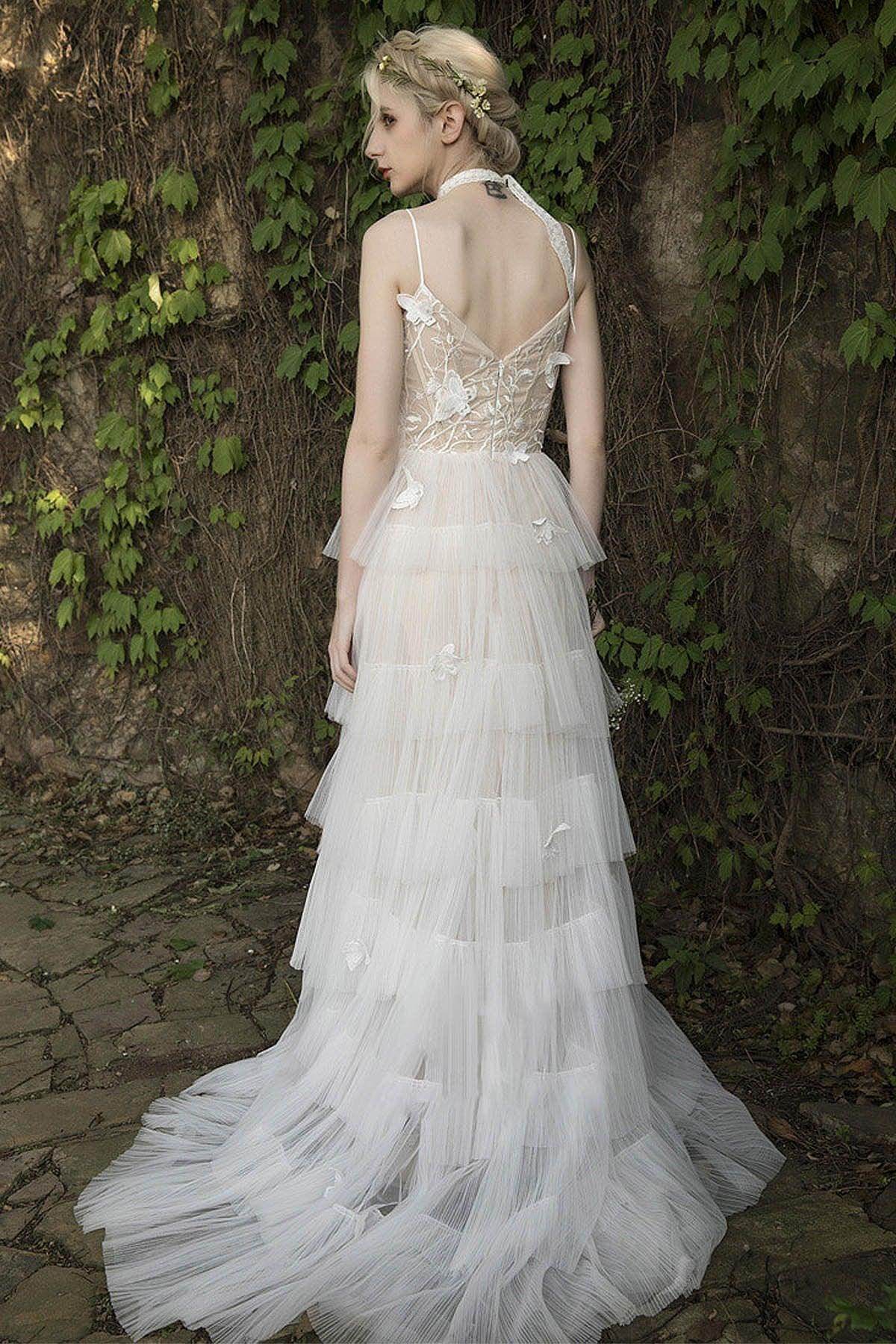 A-Line Sweep-Brush Train Lace Tulle Wedding Dress CW3021 - COCOMELODY