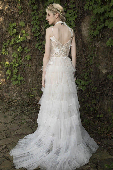 A-Line Sweep-Brush Train Lace Tulle Wedding Dress CW3021 - COCOMELODY