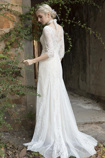 Sheath-Column Sweep-Brush Train Lace Wedding Dress CW3022