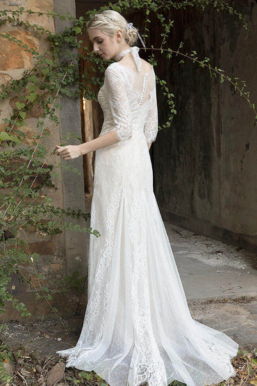 Sheath-Column Sweep-Brush Train Lace Wedding Dress CW3022 - COCOMELODY