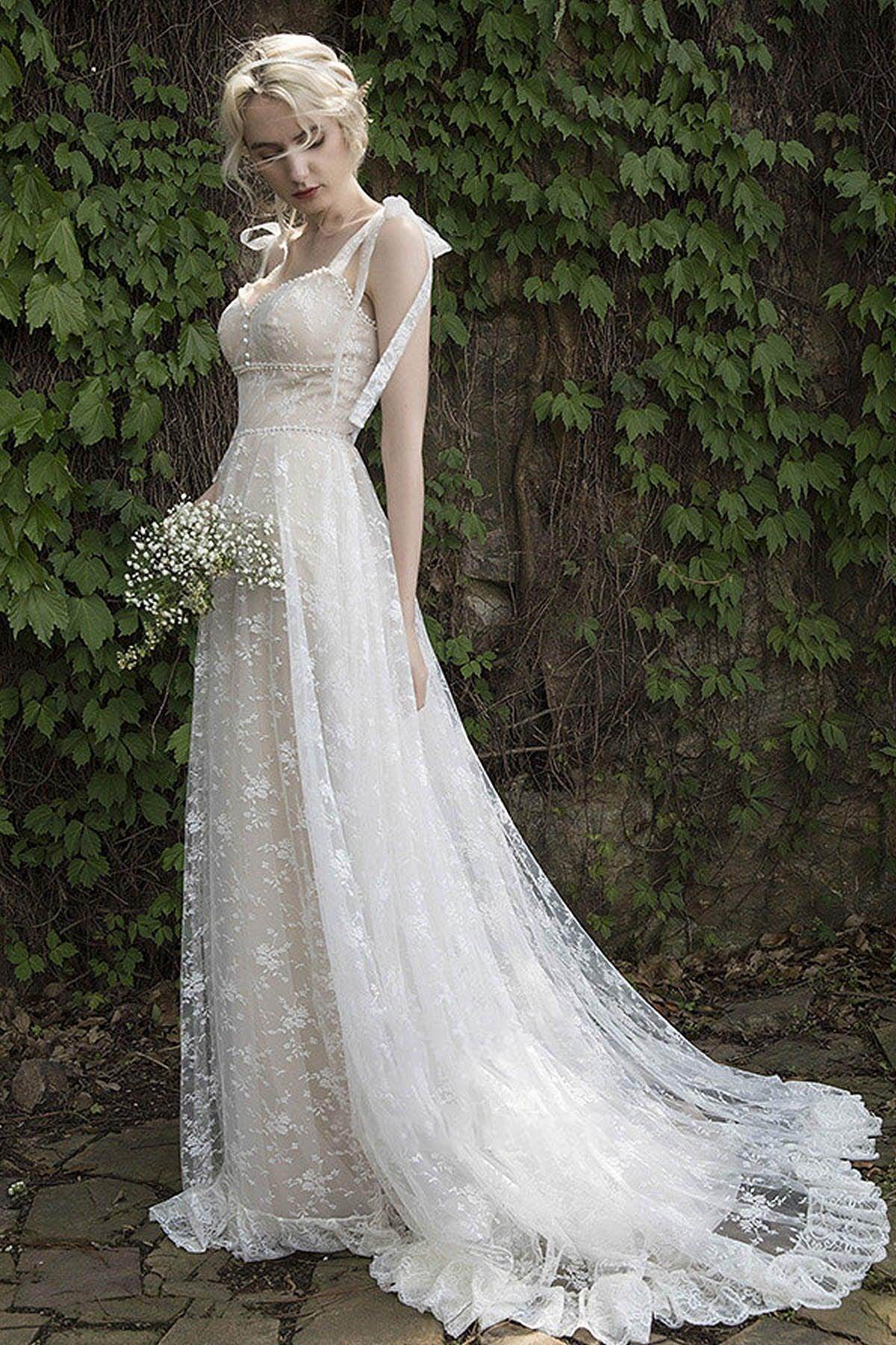 A-Line Sweep-Brush Train Lace Wedding Dress CW3023 - COCOMELODY