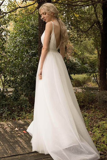 A-Line Sweep-Brush Train Tulle Wedding Dress CW3024 - COCOMELODY