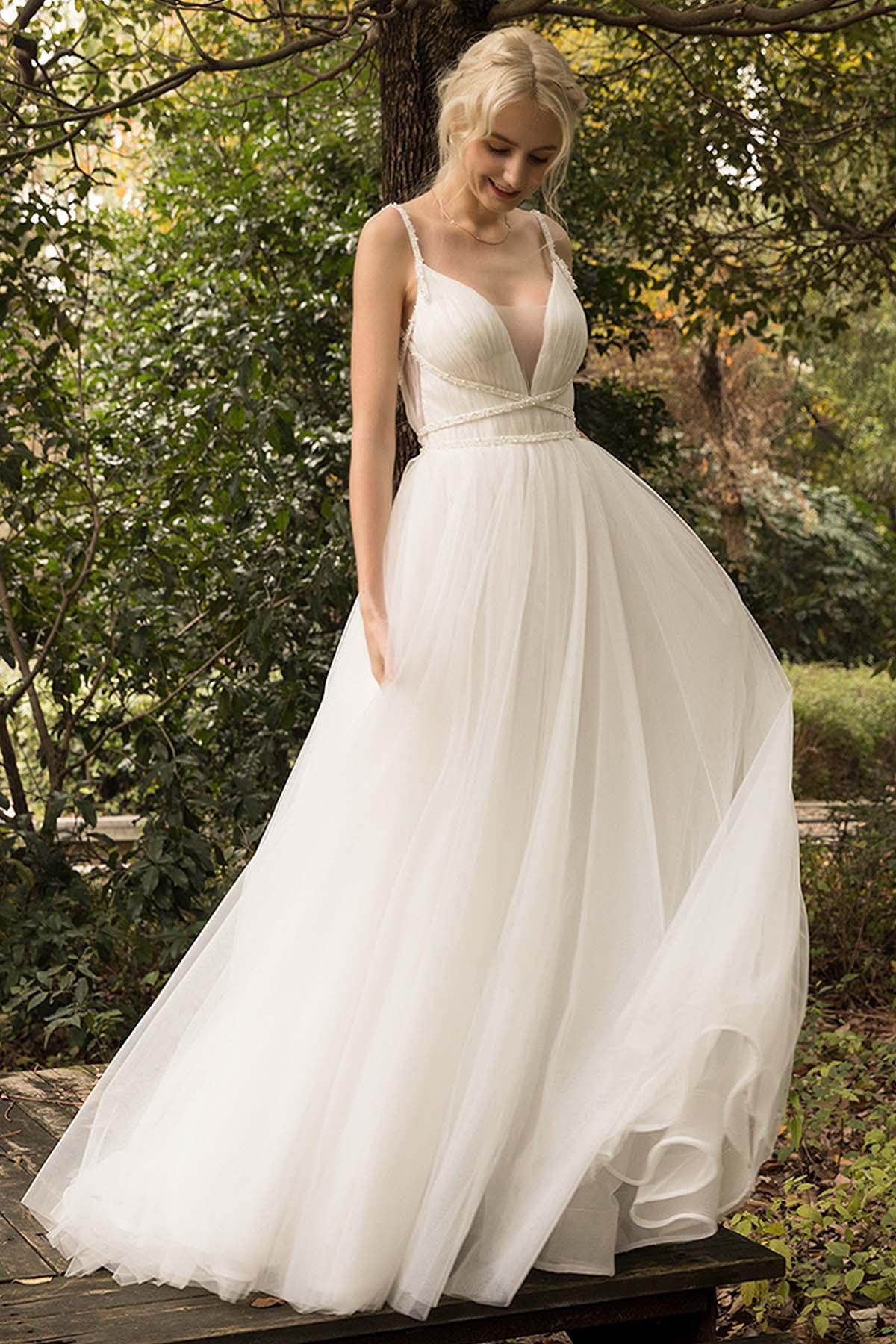 A-Line Sweep-Brush Train Tulle Wedding Dress CW3024 - COCOMELODY