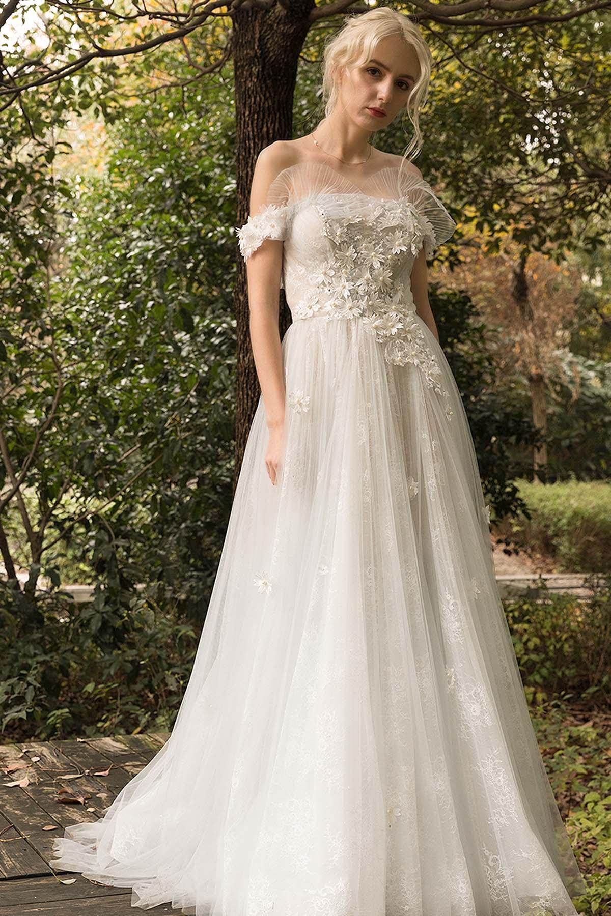 A-Line Sweep-Brush Train Lace Tulle Wedding Dress CW3025 - COCOMELODY