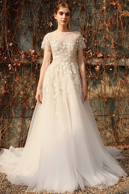 A-Line Sweep-Brush Train Lace Tulle Wedding Dress CW3026