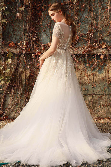 A-Line Sweep-Brush Train Lace Tulle Wedding Dress CW3026 - COCOMELODY