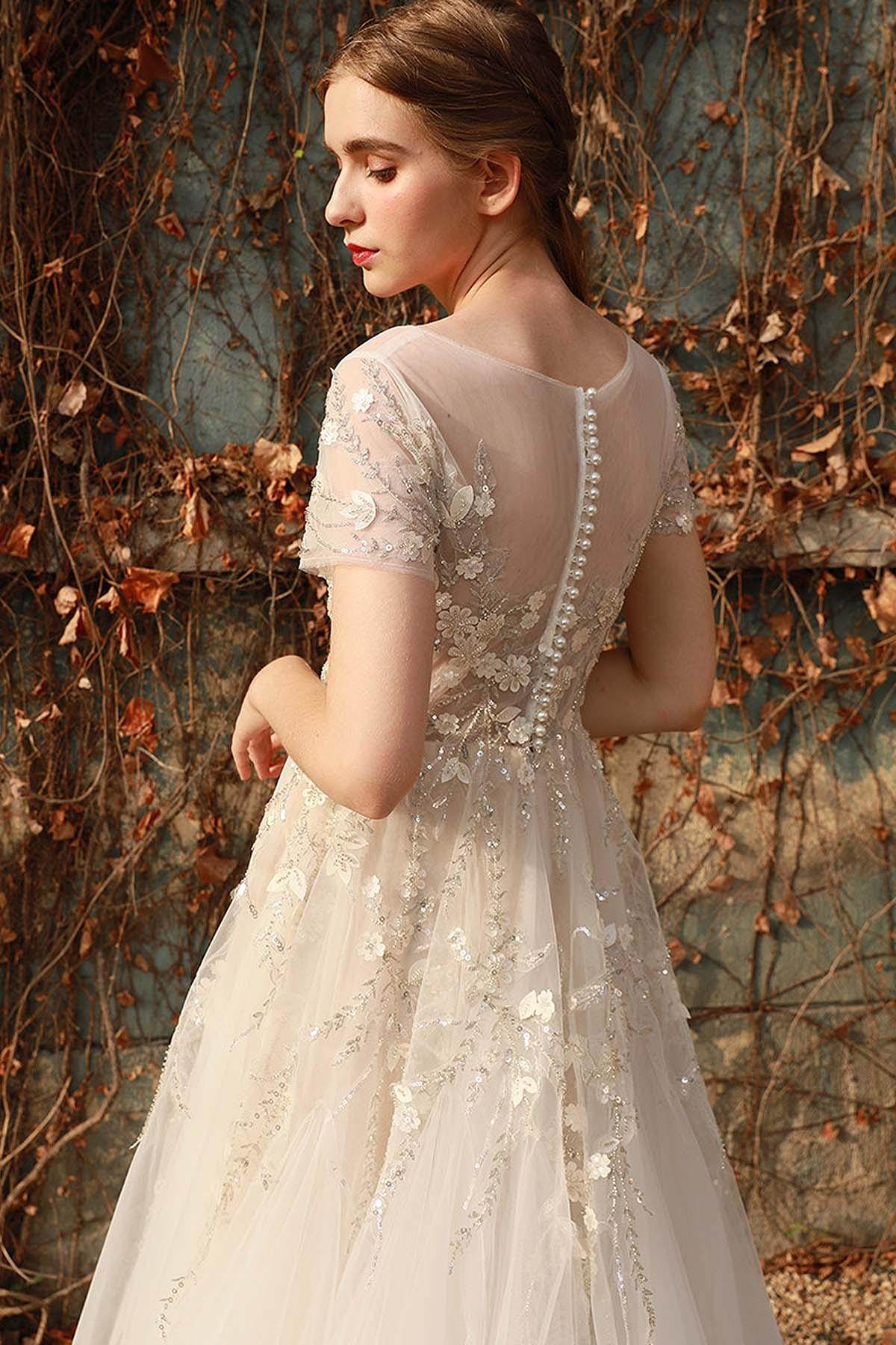 A-Line Sweep-Brush Train Lace Tulle Wedding Dress CW3026 - COCOMELODY