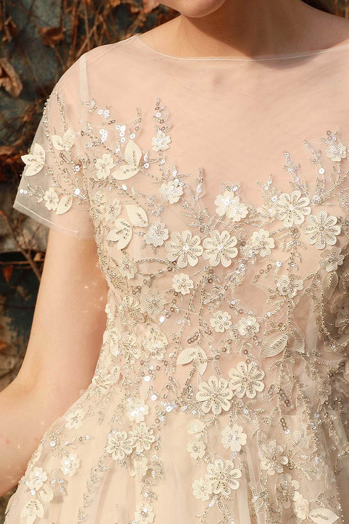 A-Line Sweep-Brush Train Lace Tulle Wedding Dress CW3026 - COCOMELODY