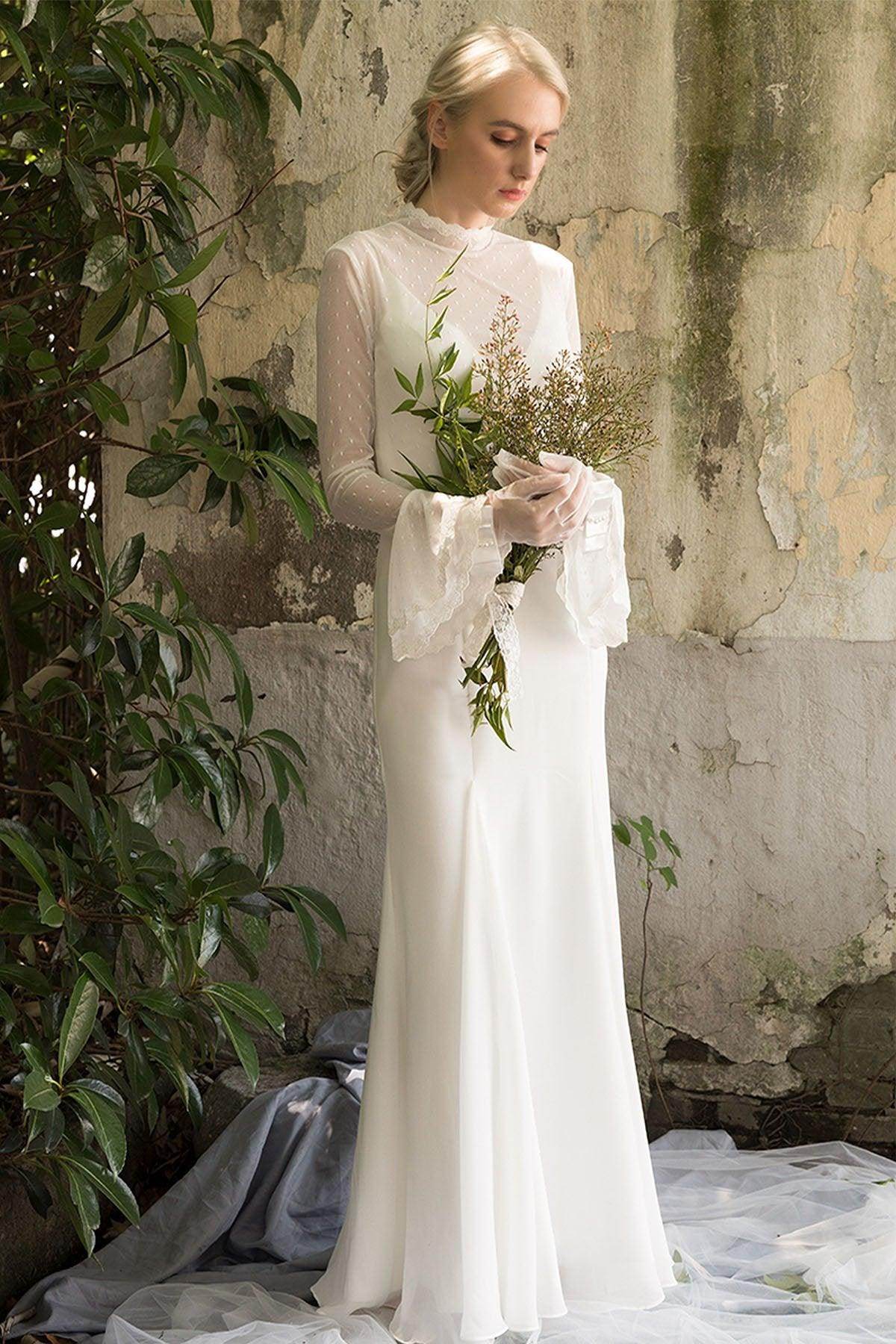Sheath Sweep-Brush Train Chiffon Tulle Wedding Dress CW3027 - COCOMELODY