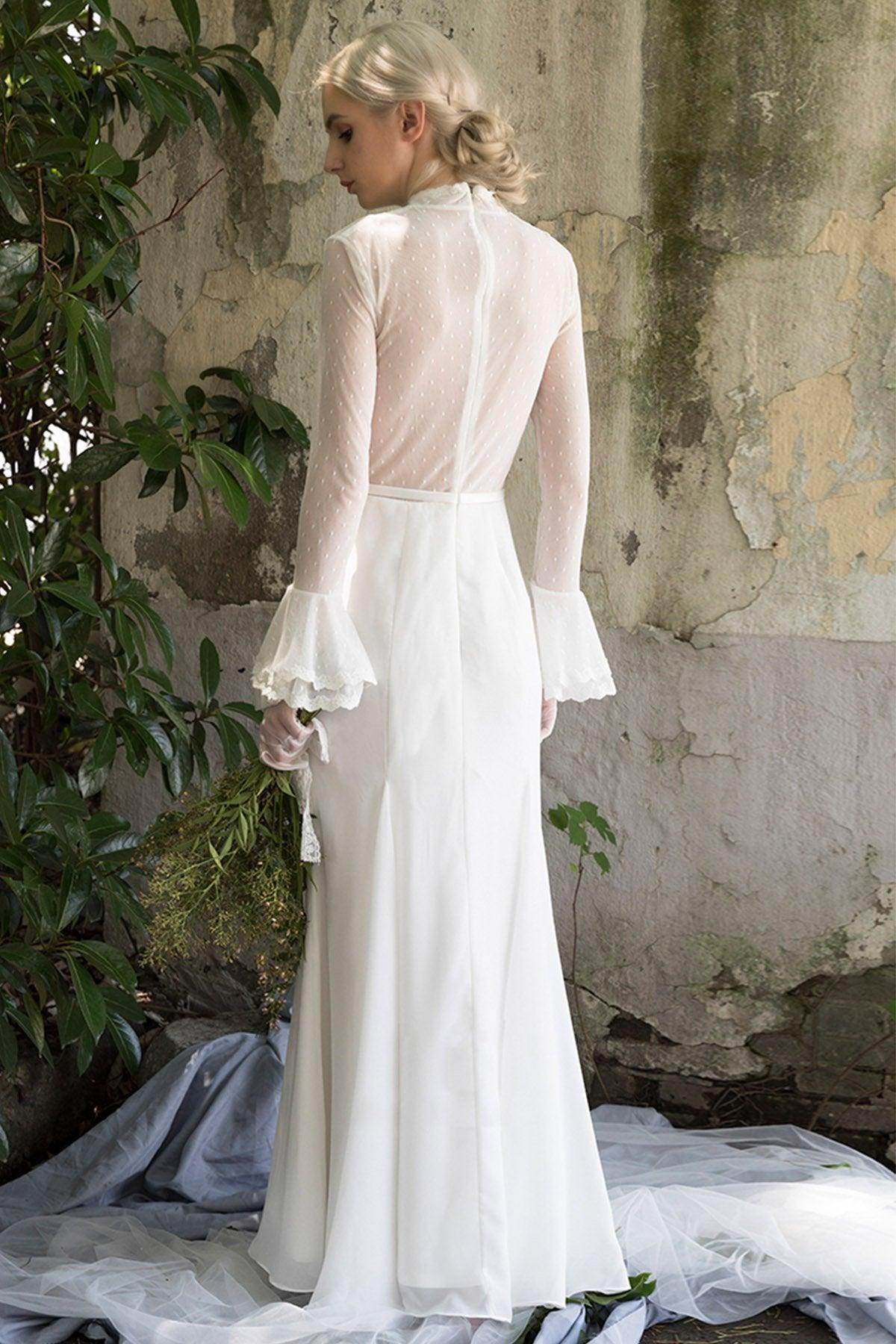 Sheath Sweep-Brush Train Chiffon Tulle Wedding Dress CW3027 - COCOMELODY