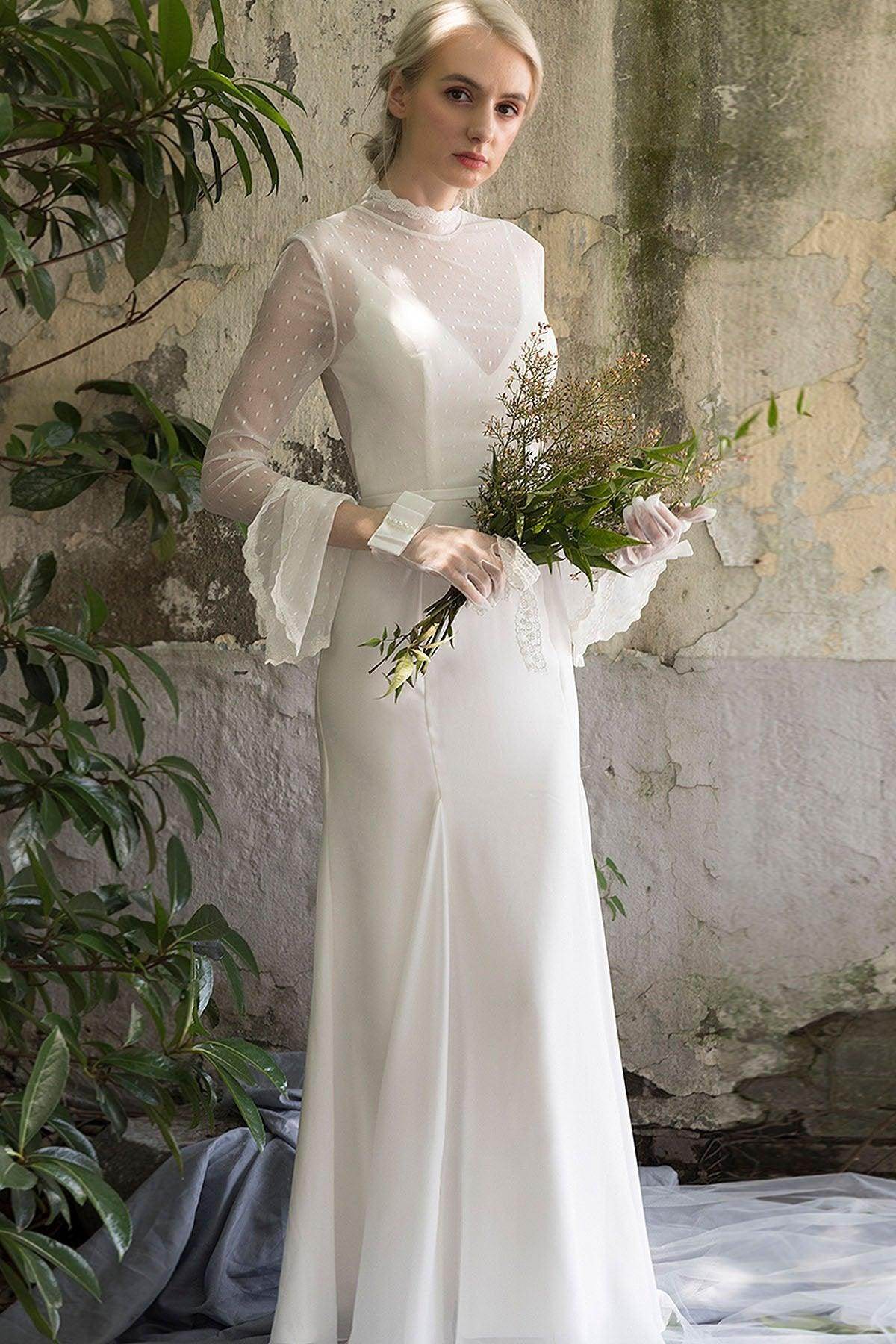 Sheath Sweep-Brush Train Chiffon Tulle Wedding Dress CW3027 - COCOMELODY