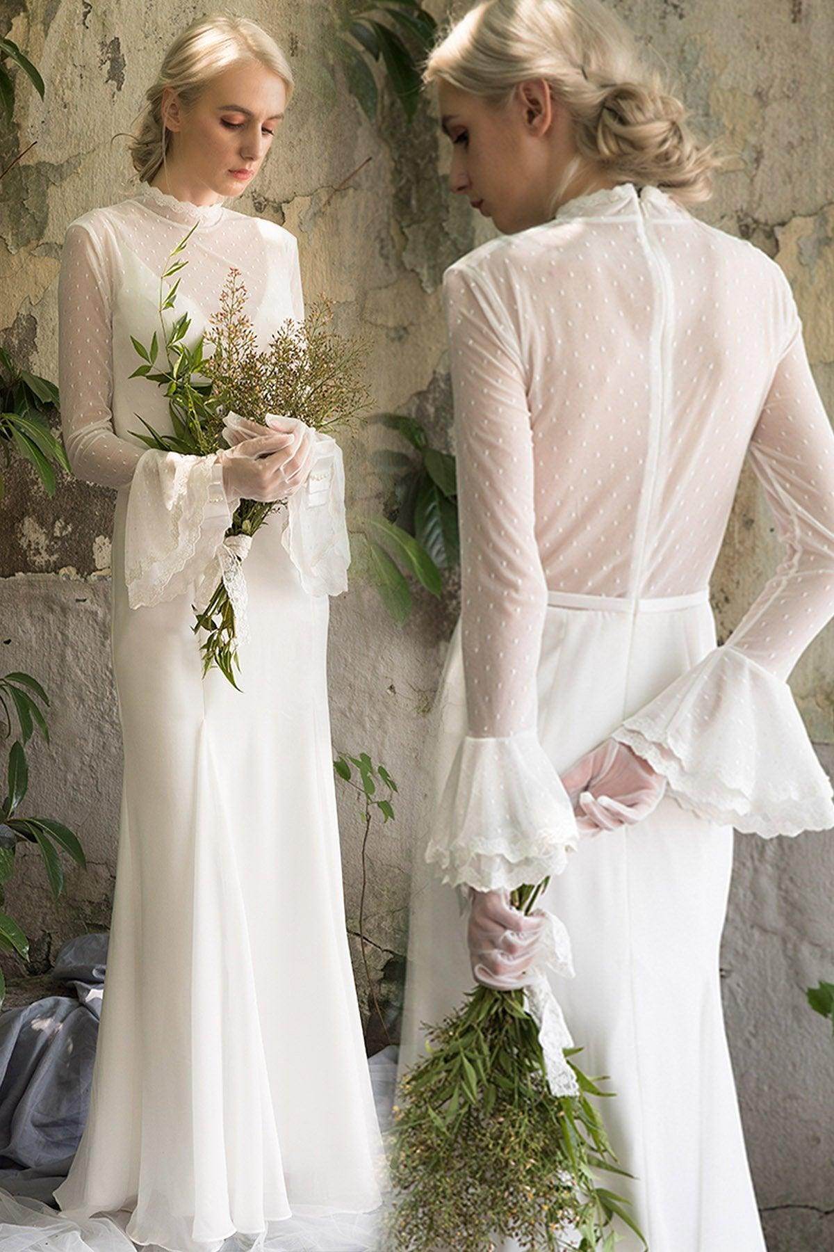 Sheath Sweep-Brush Train Chiffon Tulle Wedding Dress CW3027 - COCOMELODY