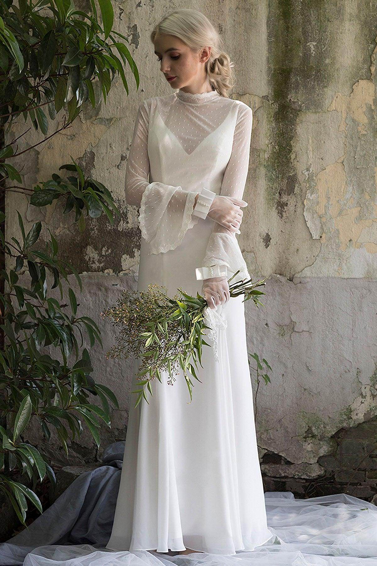 Sheath Sweep-Brush Train Chiffon Tulle Wedding Dress CW3027 - COCOMELODY